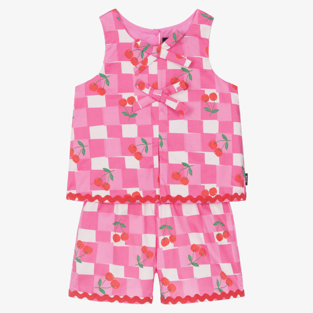 Rock Your Baby-Girls Pink & White Cotton Gingham & Cherry Shorts Set | Childrensalon