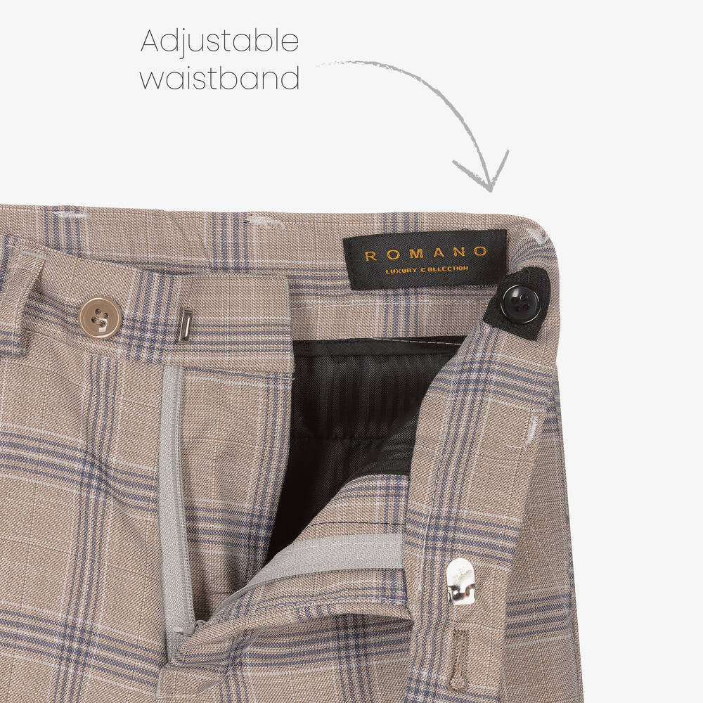 Romano-Boys Beige & Blue Check Suit | Childrensalon