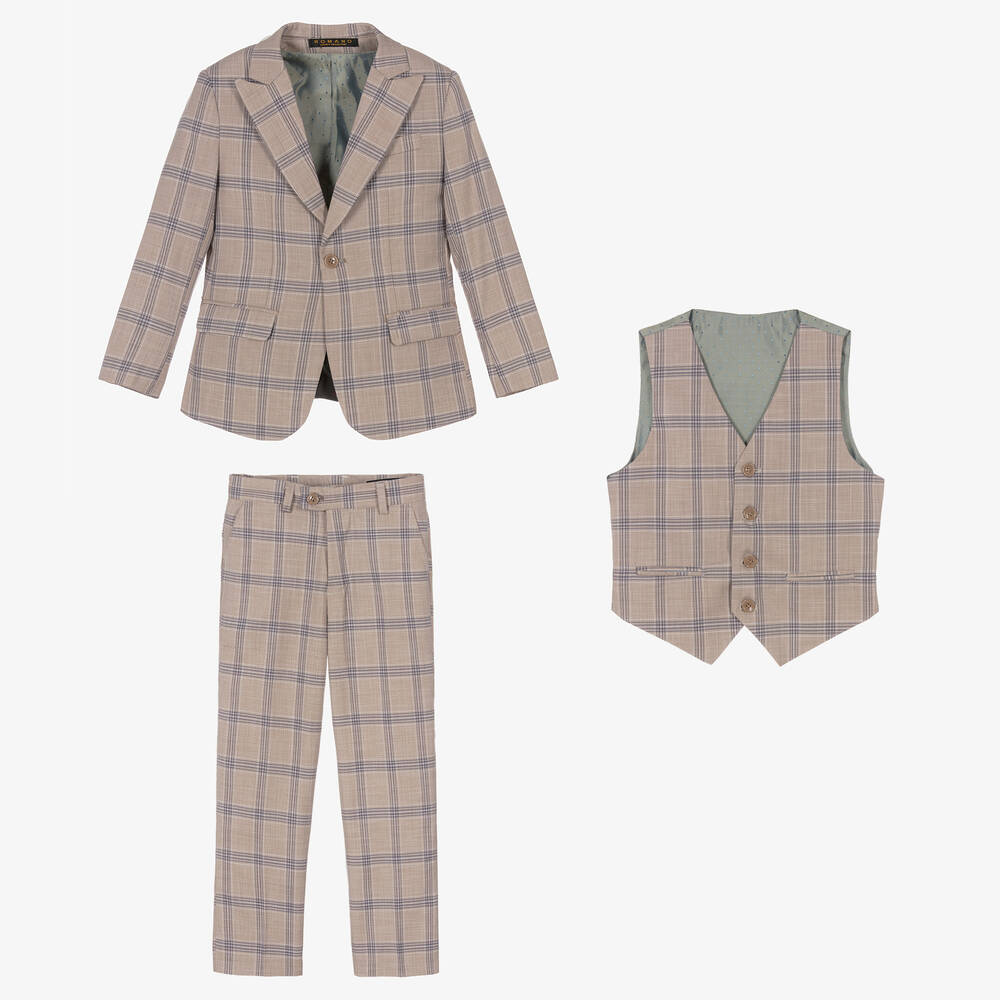 Romano-Boys Beige & Blue Check Suit | Childrensalon