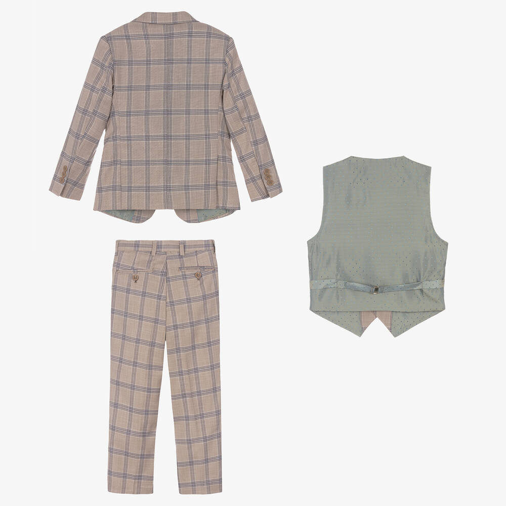 Romano-Boys Beige & Blue Check Suit | Childrensalon