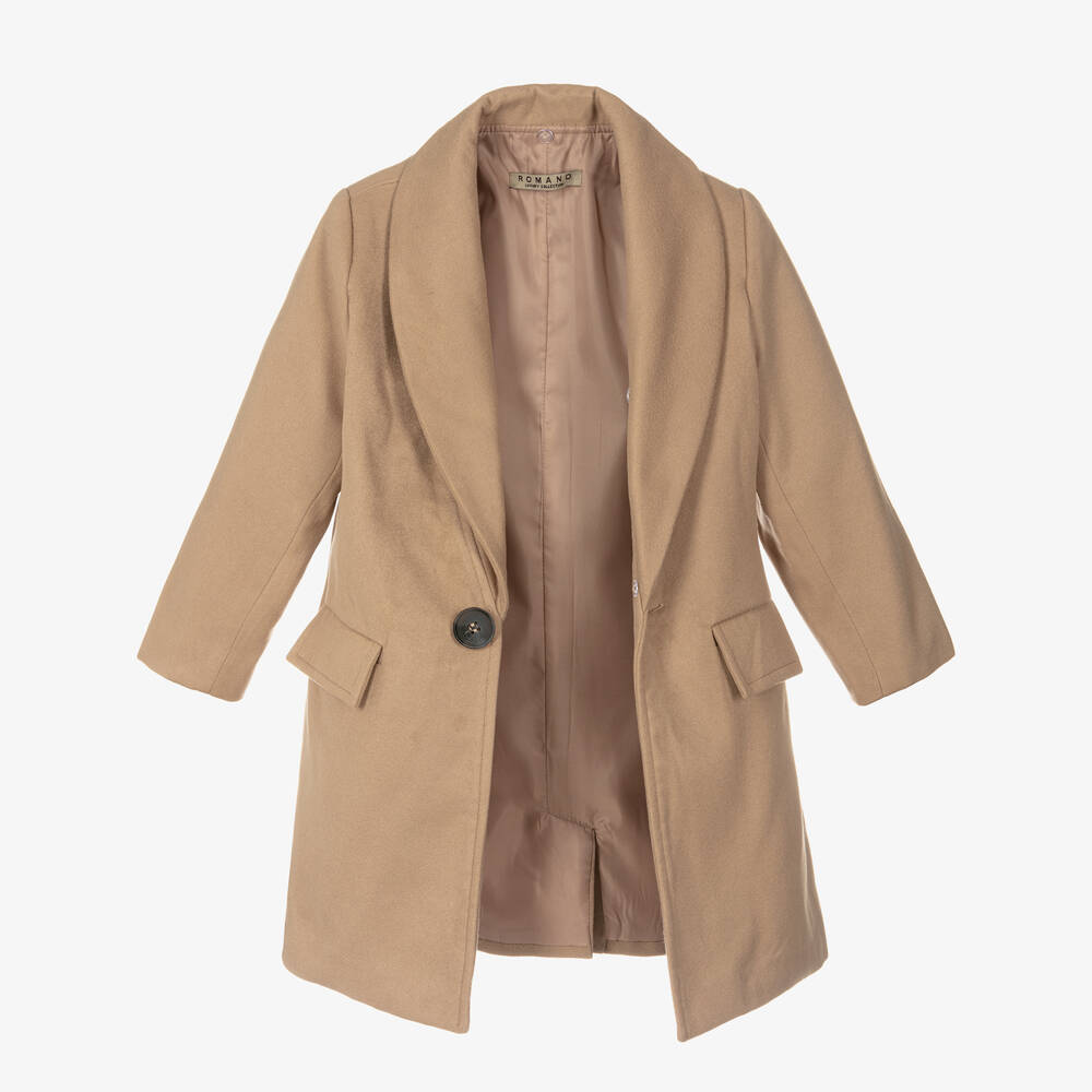Romano-Boys Beige Faux Fur Trim Coat | Childrensalon