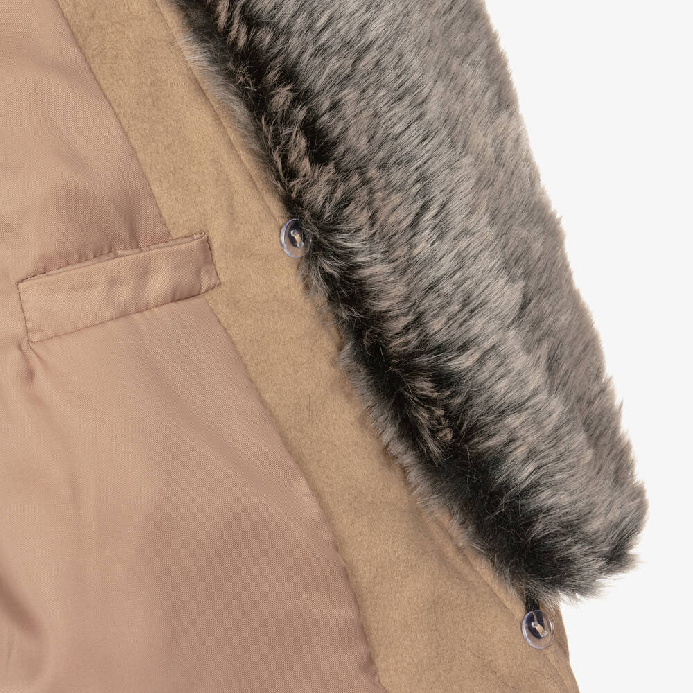 Romano-Boys Beige Faux Fur Trim Coat | Childrensalon