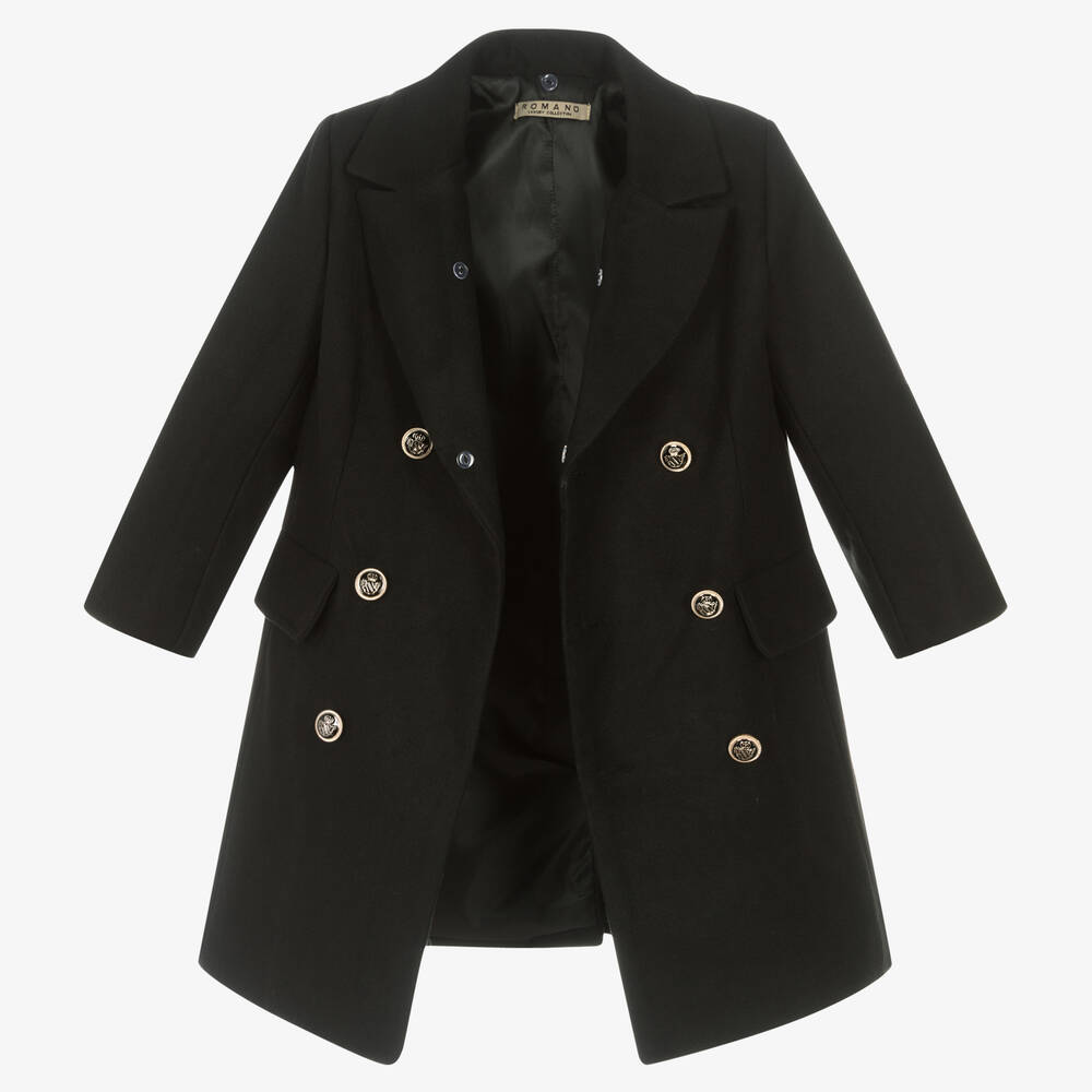 Romano-Boys Black Faux Fur Trim Coat | Childrensalon