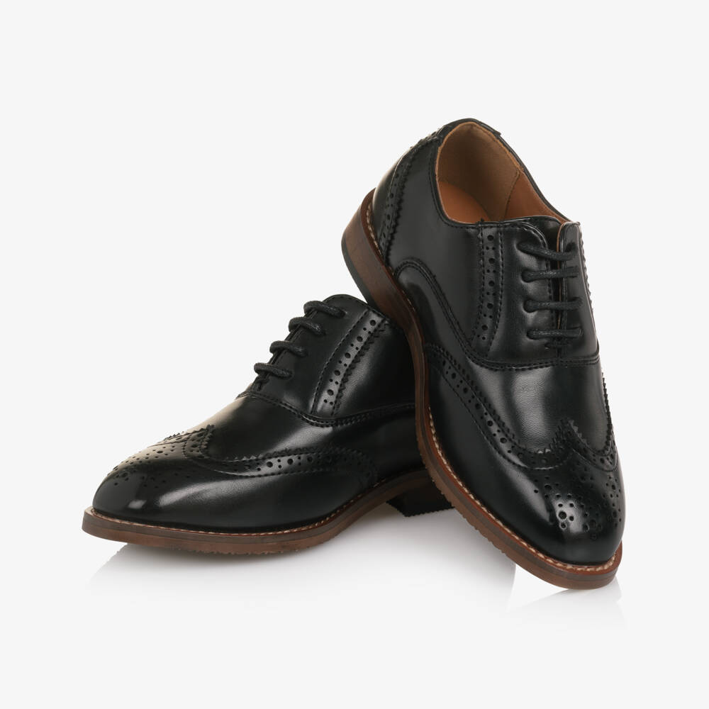 Romano-حذاء بروغ برباط وجلد صناعي لون أسود للأولاد | Childrensalon