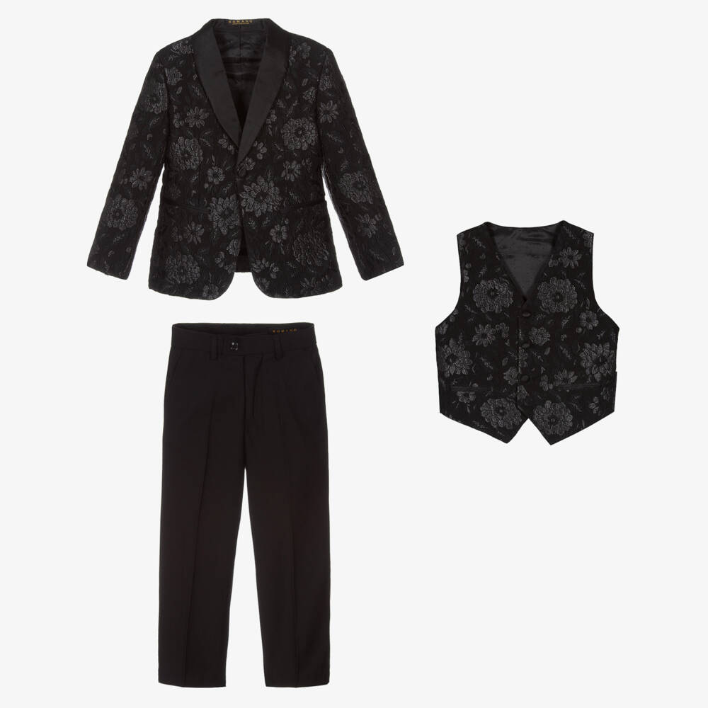 Romano-Boys Black Floral Jacquard Suit | Childrensalon