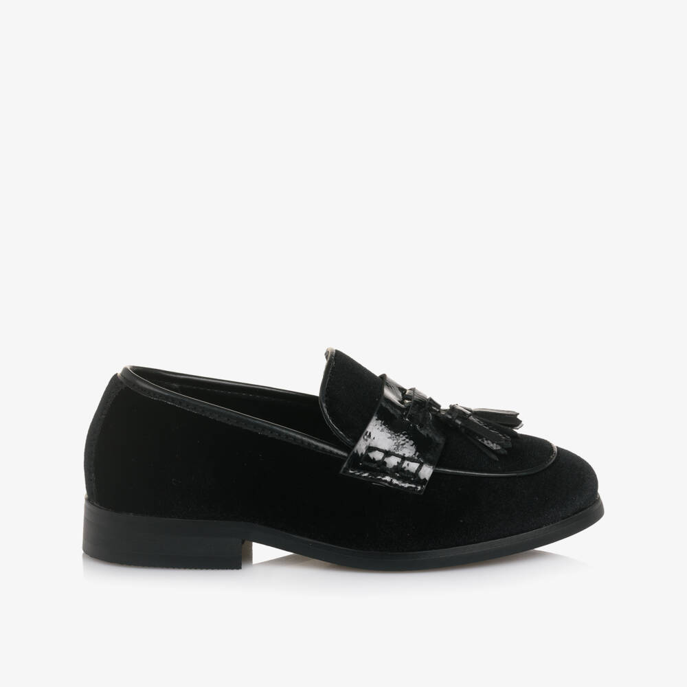 Romano-Boys Black Velvet Loafers with Tassel Trim | Childrensalon