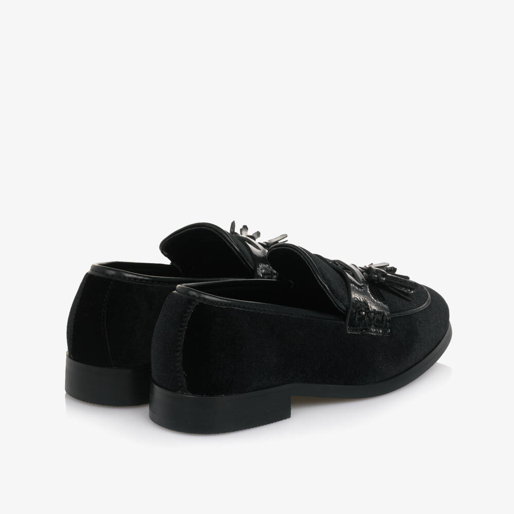 Romano-Boys Black Velvet Loafers with Tassel Trim | Childrensalon
