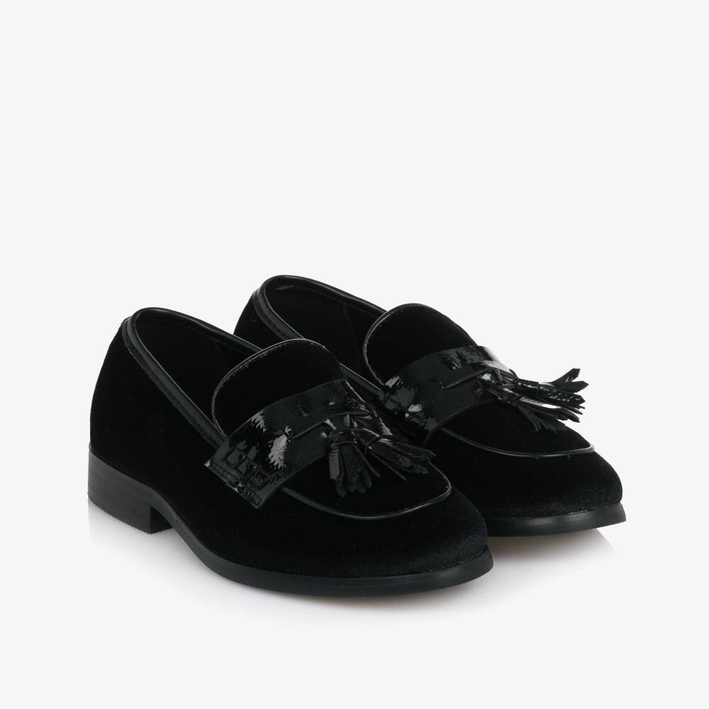 Romano-Boys Black Velvet Loafers with Tassel Trim | Childrensalon