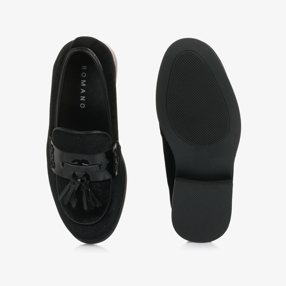 Romano-Boys Black Velvet Loafers with Tassel Trim | Childrensalon