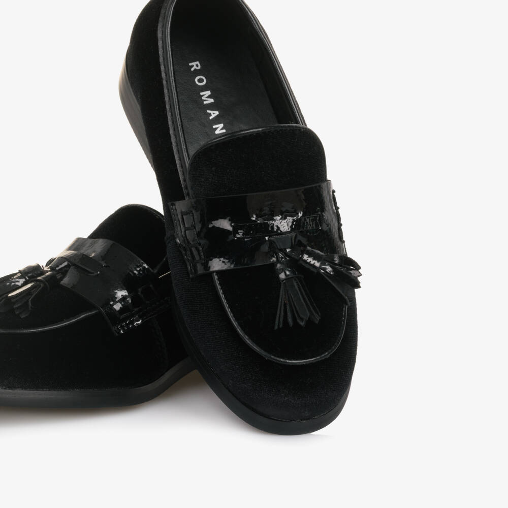 Romano-Boys Black Velvet Loafers with Tassel Trim | Childrensalon
