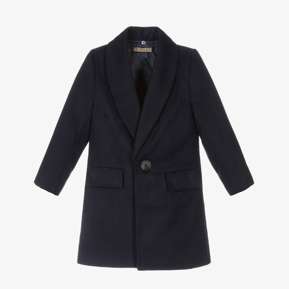 Romano-Boys Blue Faux Fur Trim Coat | Childrensalon