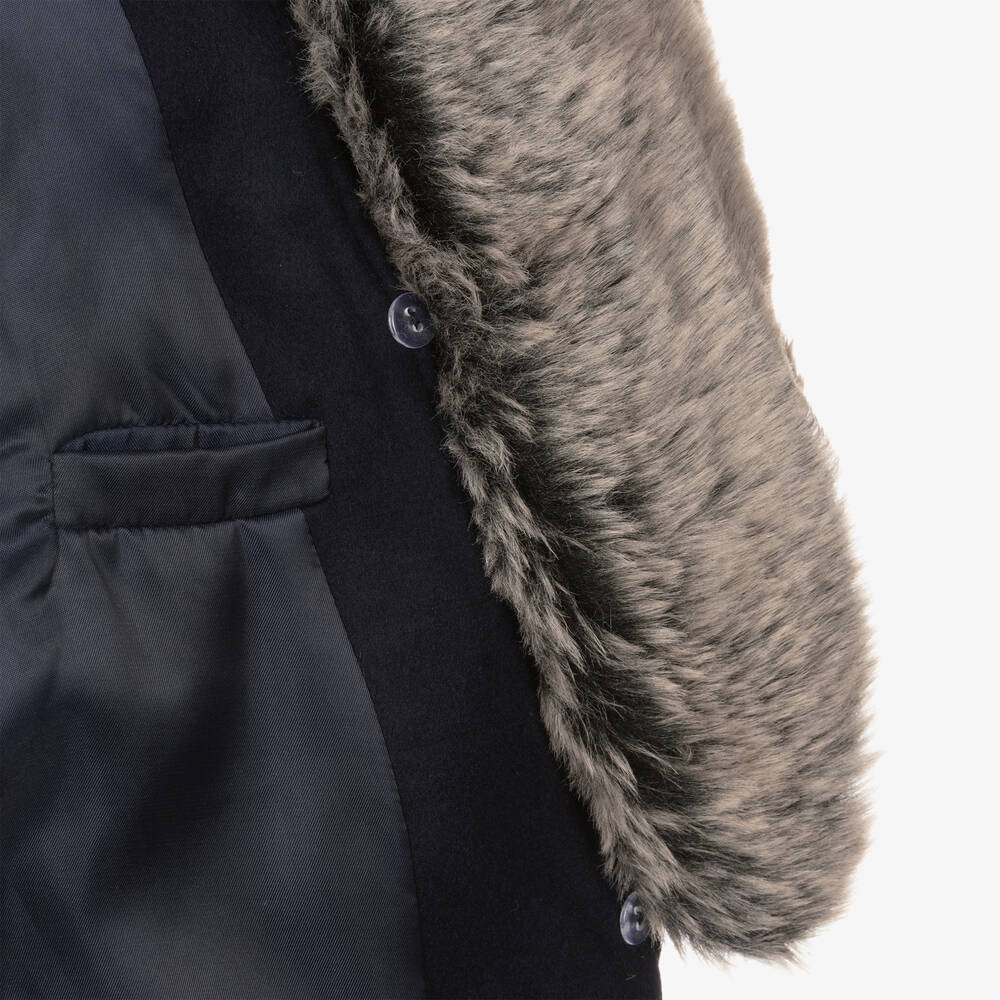 Romano-Boys Blue Faux Fur Trim Coat | Childrensalon