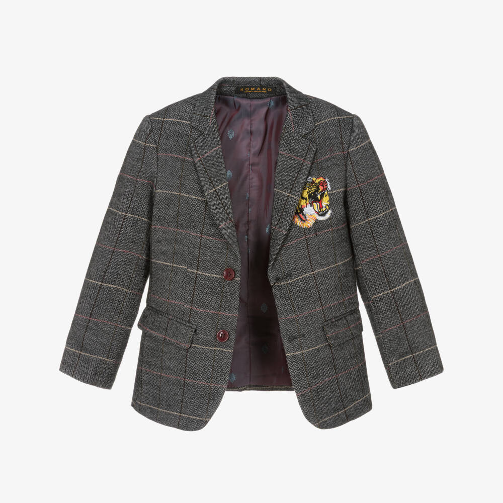 Roma e Toska-Серый твидовый блейзер с тигром для мальчиков | Childrensalon