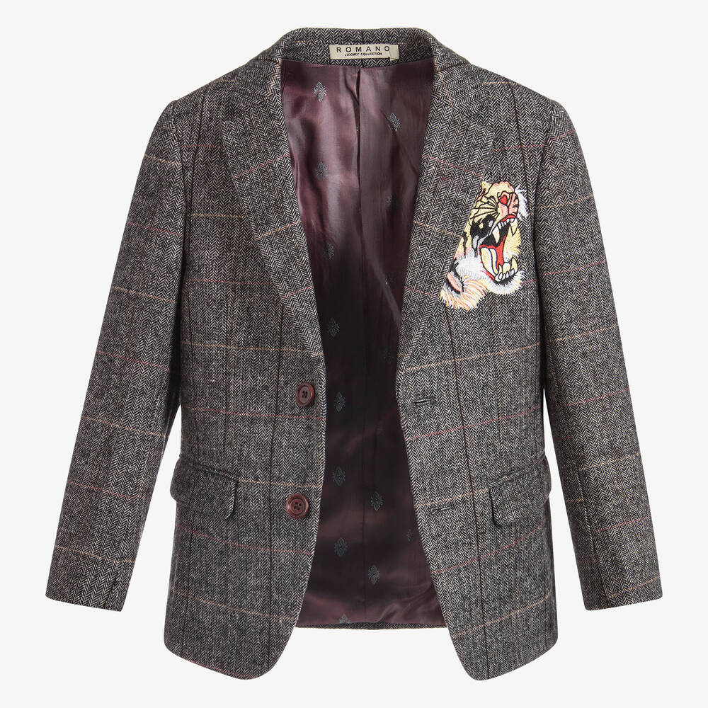 Roma e Toska-Серый твидовый блейзер с тигром для мальчиков | Childrensalon