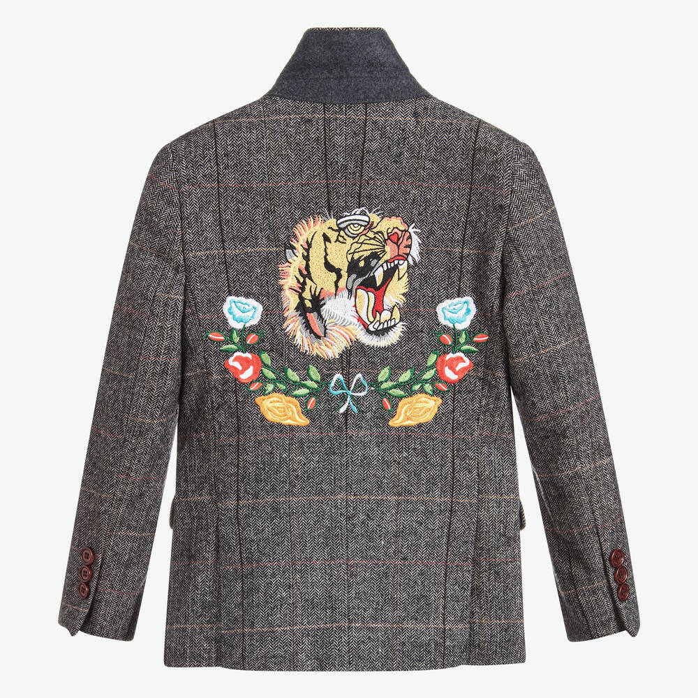 Roma e Toska-Серый твидовый блейзер с тигром для мальчиков | Childrensalon