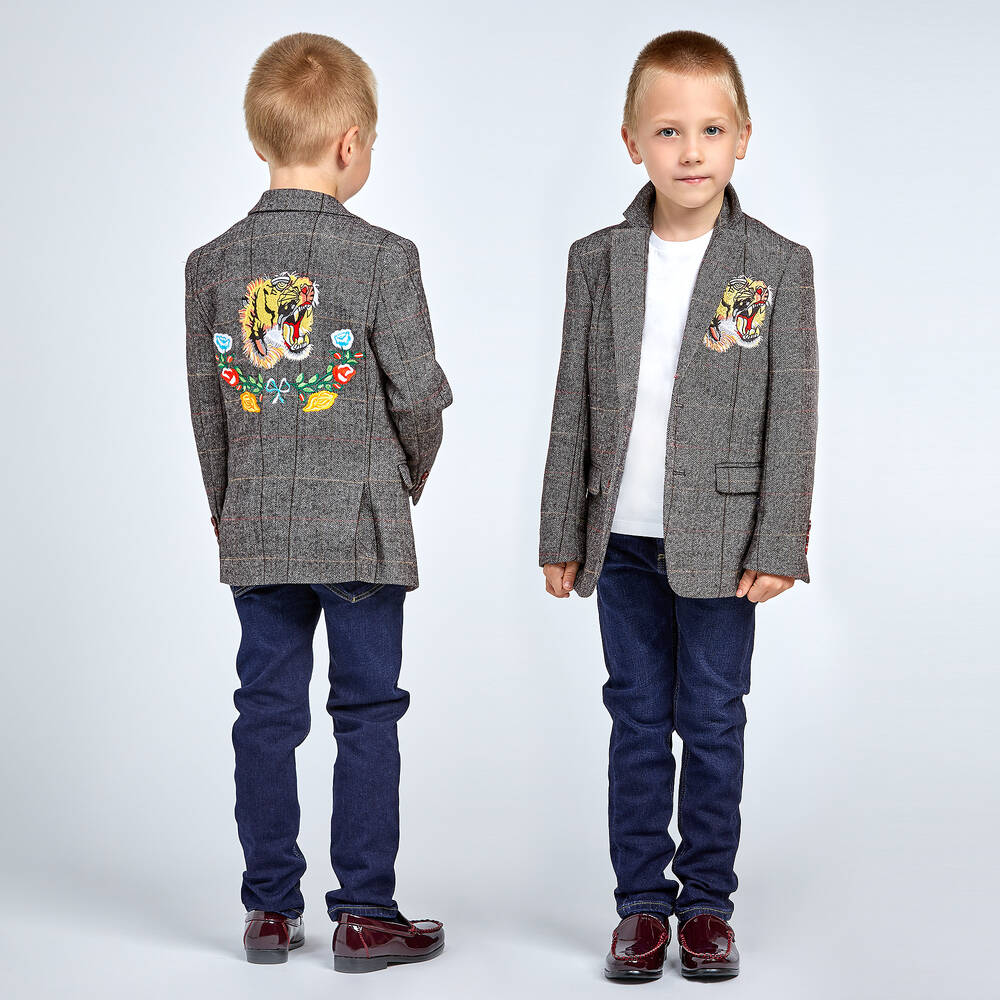 Roma e Toska-Серый твидовый блейзер с тигром для мальчиков | Childrensalon