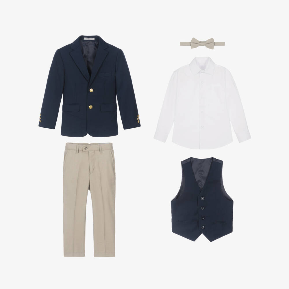 Romano-Boys Navy Blue & Beige Twill Suit | Childrensalon