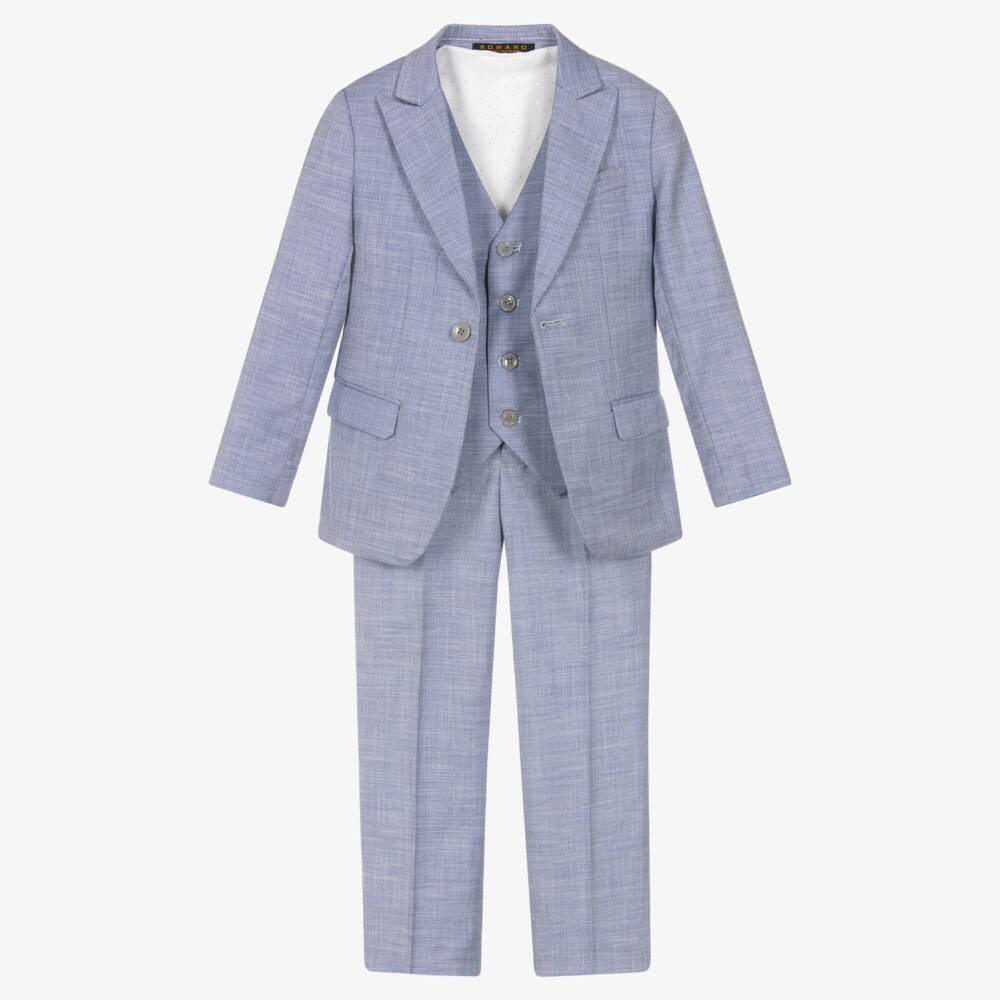 Romano-Boys Pale Blue Twill Suit with Waistcoat | Childrensalon