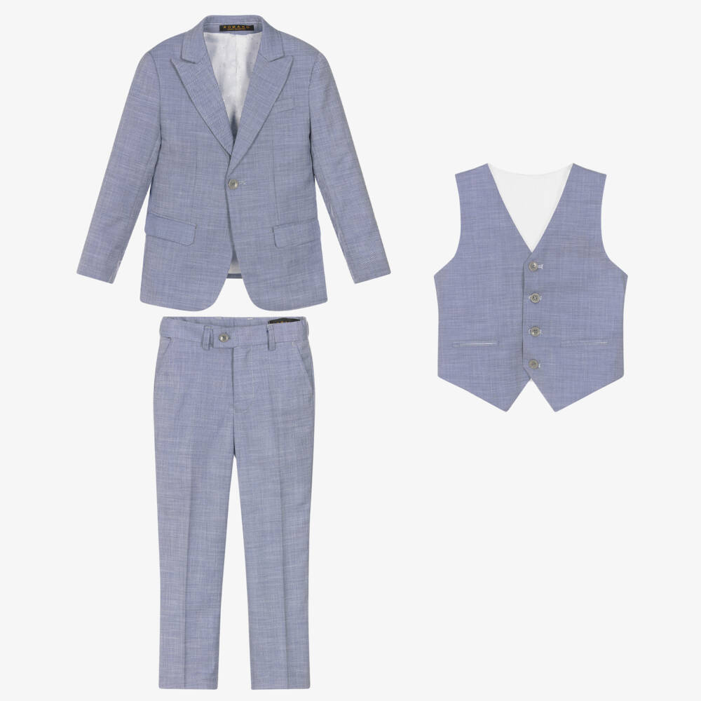 Romano-Boys Pale Blue Twill Suit with Waistcoat | Childrensalon