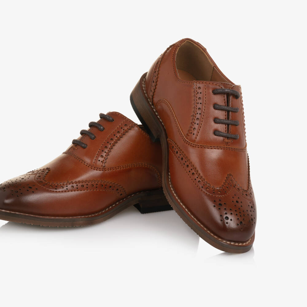 Romano-حذاء بروغ برباط جلد صناعي لون بني فاتح للأولاد | Childrensalon