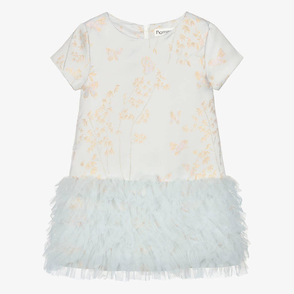 Romano-Girl Pale Blue Butterfly Satin Brocade & Tulle Dress | Childrensalon