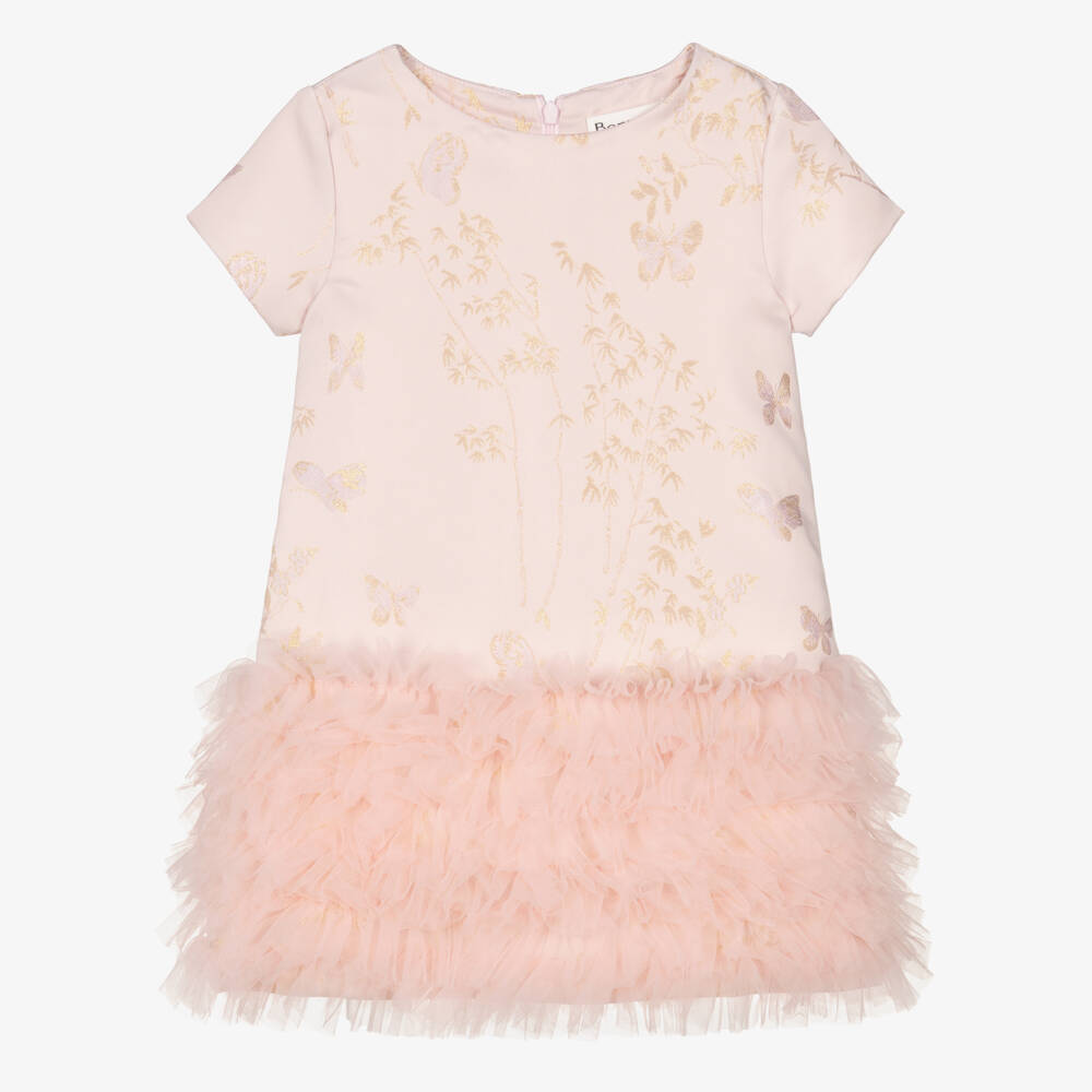 Romano-Girl Pale Pink Butterfly Satin Brocade & Tulle Dress  | Childrensalon