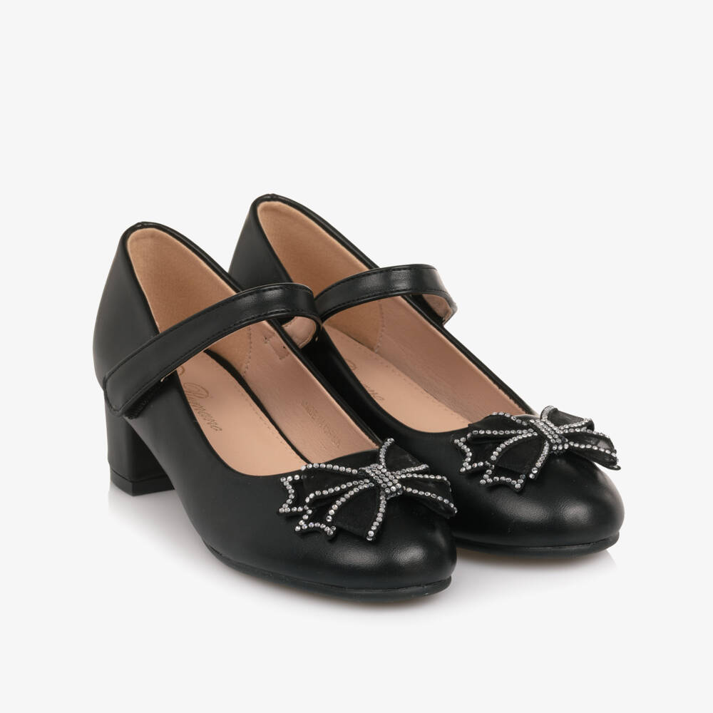Romano-Girls Black Diamanté Bow Velcro Bar Shoes | Childrensalon
