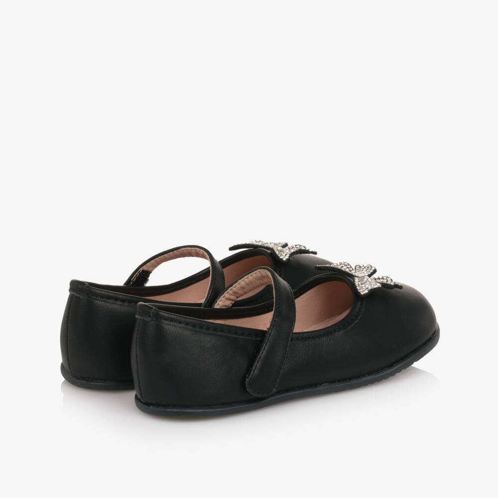 Roma e Toska-Girls Black Faux Leather & Diamanté Butterfly Bar Shoes | Childrensalon