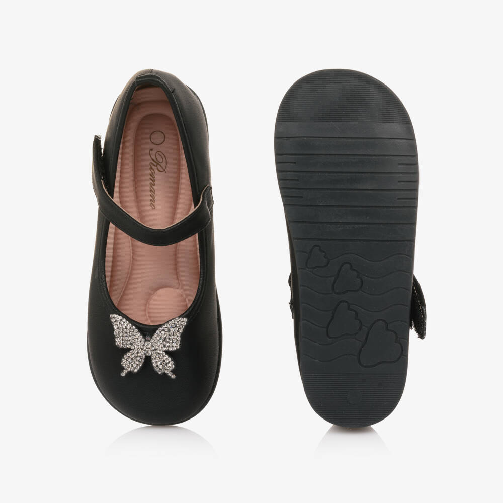 Roma e Toska-Girls Black Faux Leather & Diamanté Butterfly Bar Shoes | Childrensalon