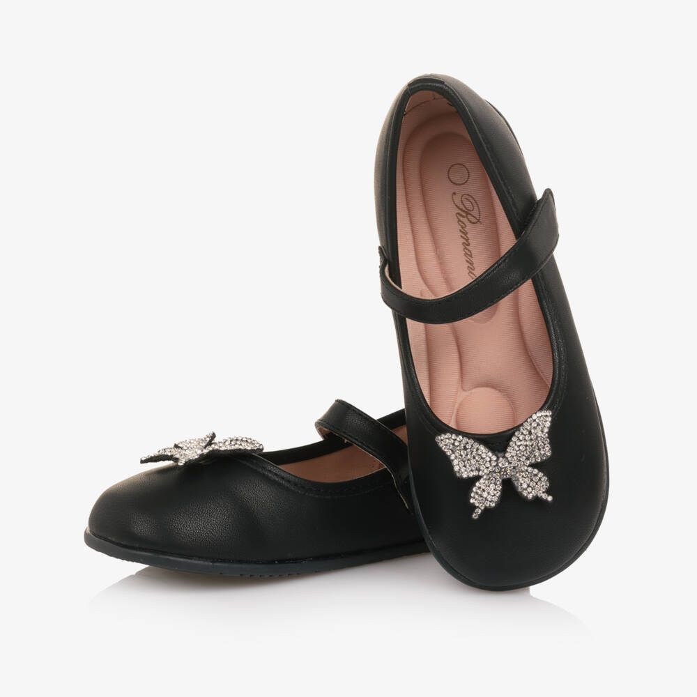 Roma e Toska-Girls Black Faux Leather & Diamanté Butterfly Bar Shoes | Childrensalon