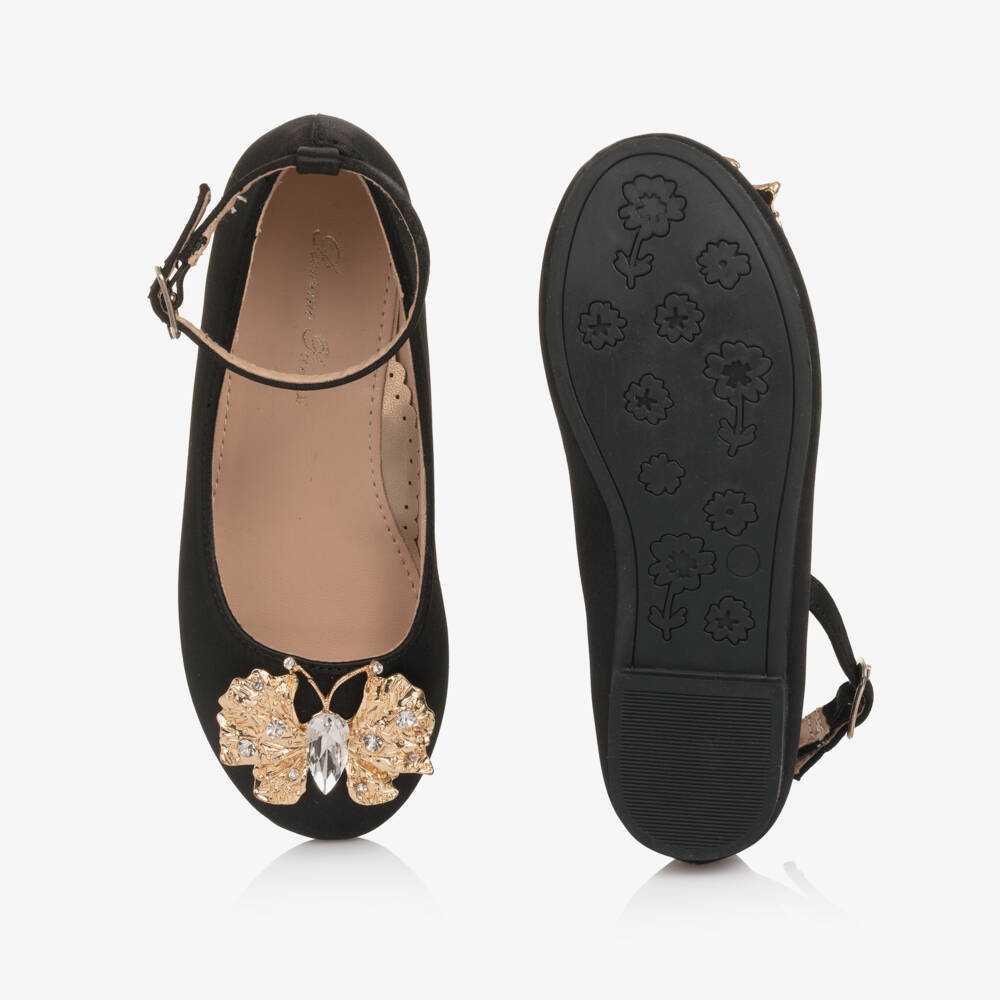 Romano-Girls Black Satin Shoes with Crystal Butterfly  | Childrensalon