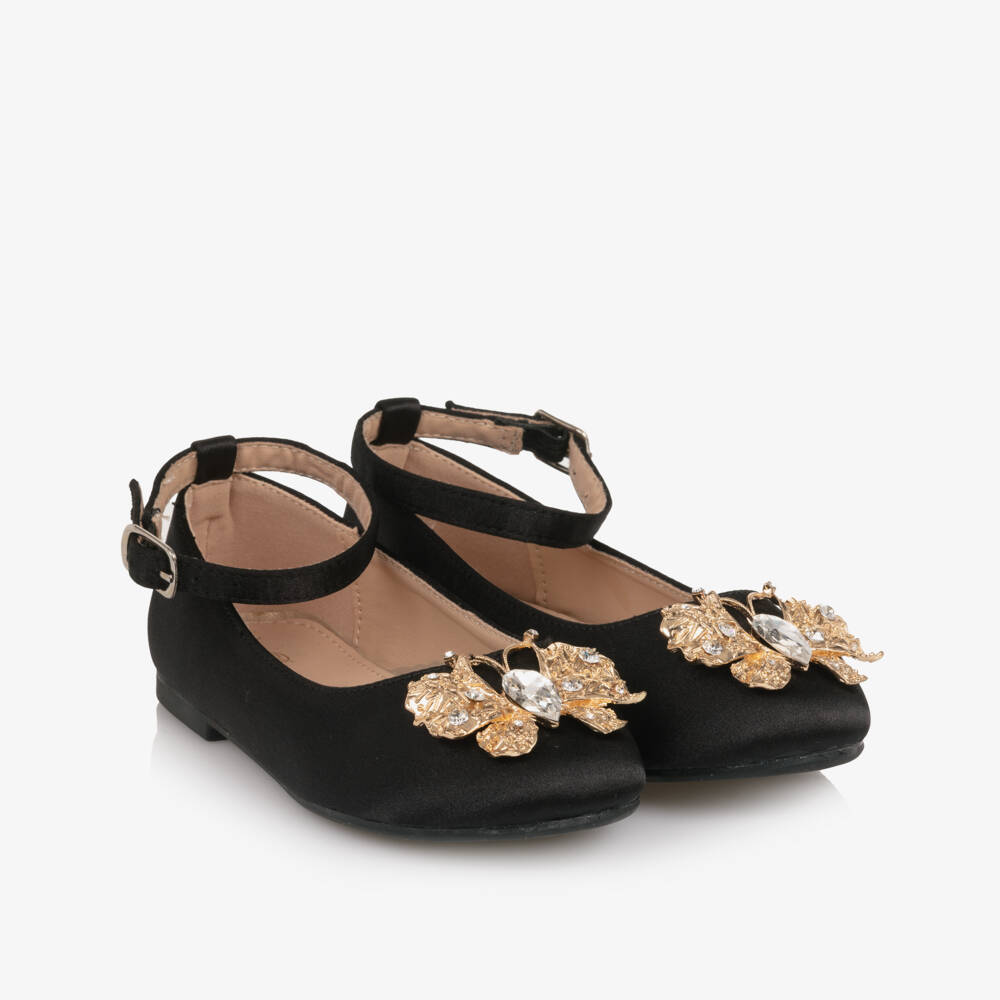 Romano-Girls Black Satin Shoes with Crystal Butterfly | Childrensalon