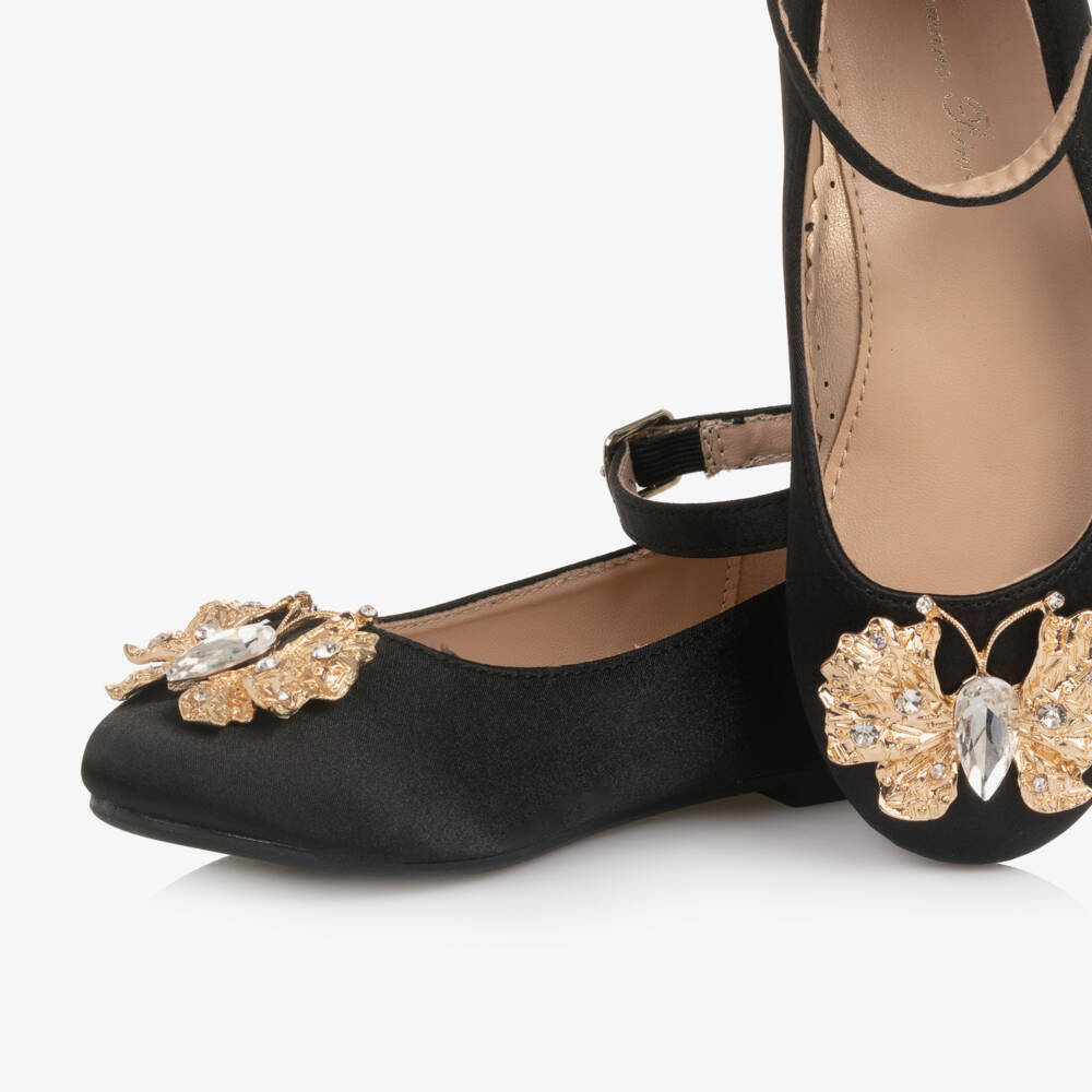 Romano-Girls Black Satin Shoes with Crystal Butterfly  | Childrensalon