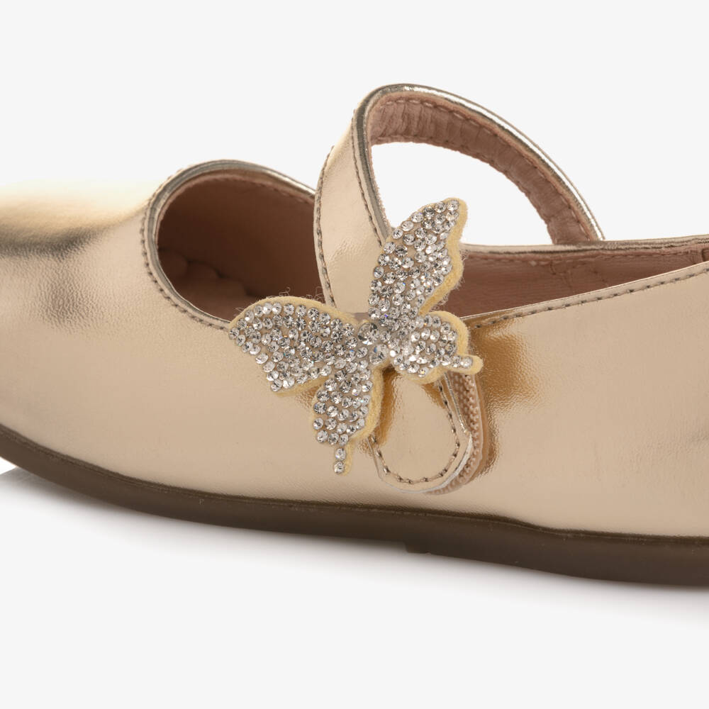 Roma e Toska-Girls Gold Faux Leather Bar Shoes with Diamanté Butterfly | Childrensalon