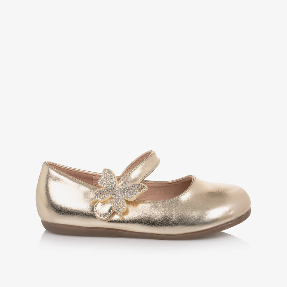 Roma e Toska-Girls Gold Faux Leather Bar Shoes with Diamanté Butterfly | Childrensalon