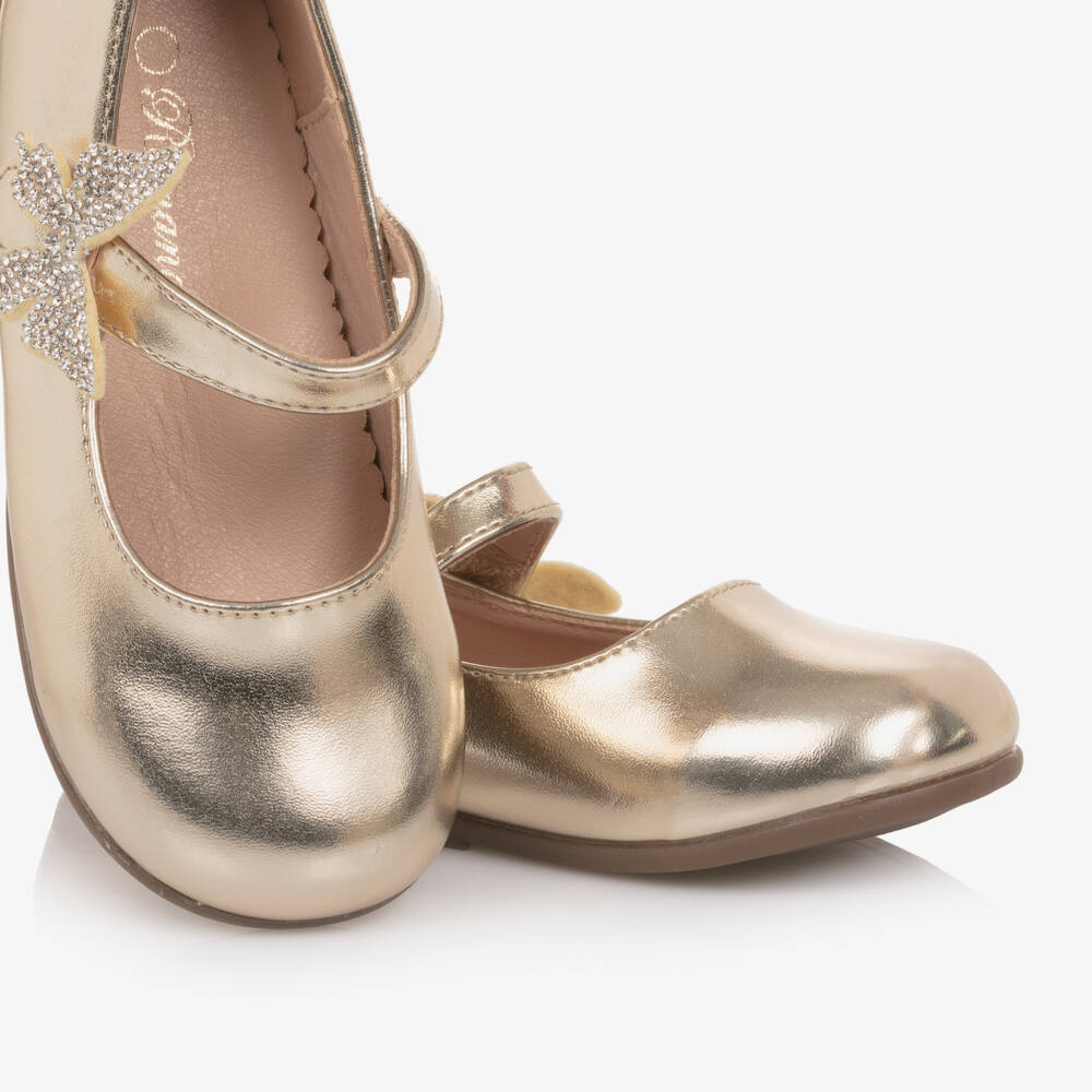 Roma e Toska-Girls Gold Faux Leather Bar Shoes with Diamanté Butterfly | Childrensalon