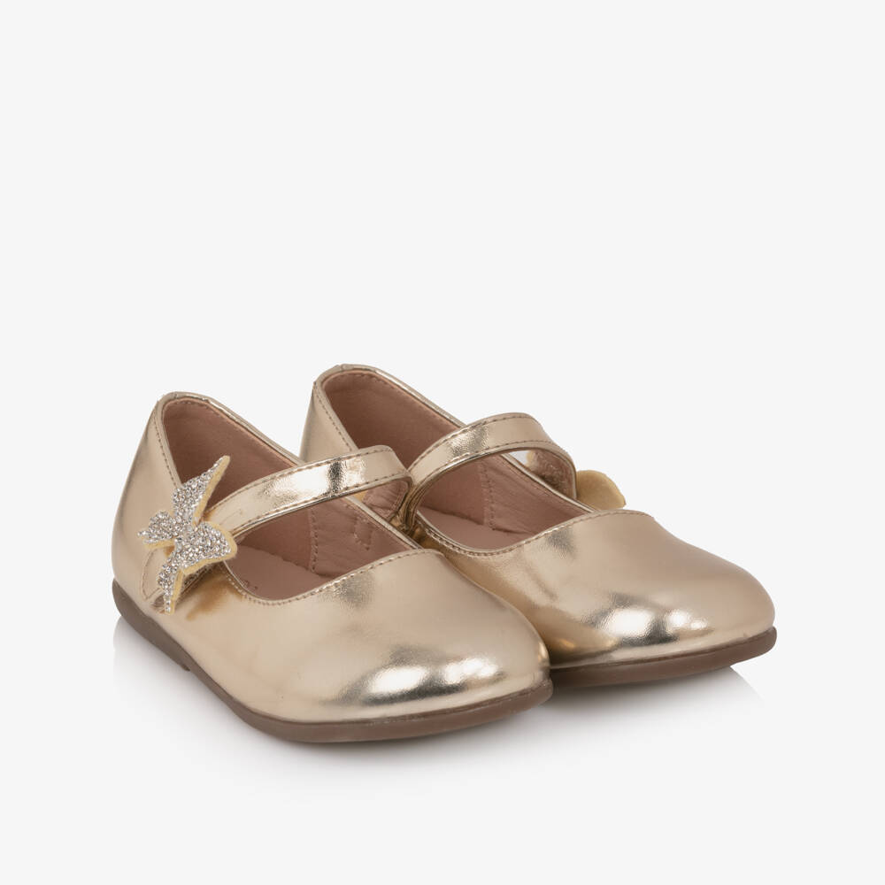 Roma e Toska-Girls Gold Faux Leather Bar Shoes with Diamanté Butterfly | Childrensalon