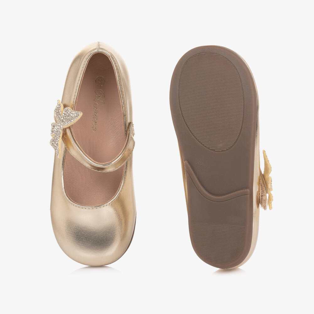 Roma e Toska-Girls Gold Faux Leather Bar Shoes with Diamanté Butterfly | Childrensalon