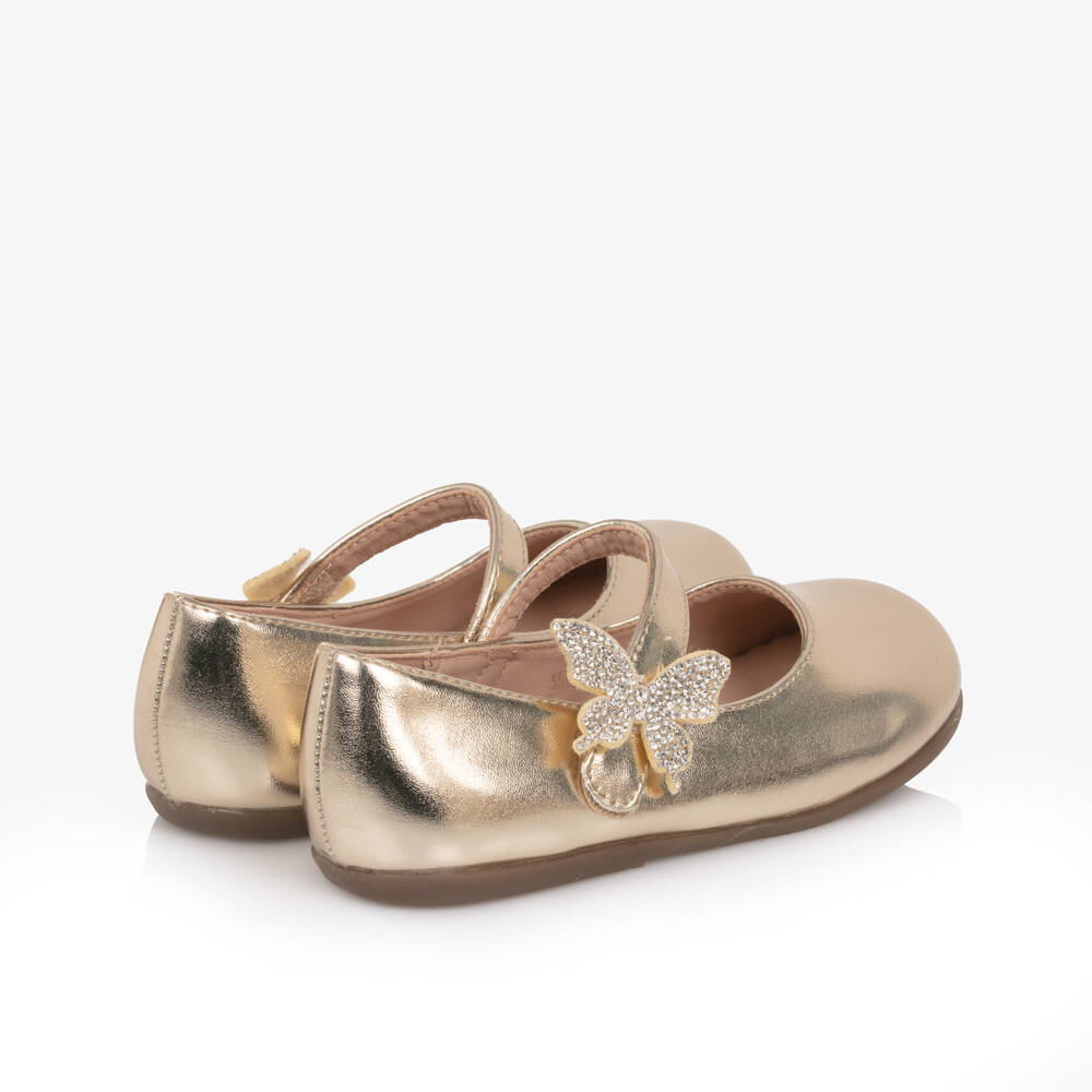 Roma e Toska-Girls Gold Faux Leather Bar Shoes with Diamanté Butterfly | Childrensalon