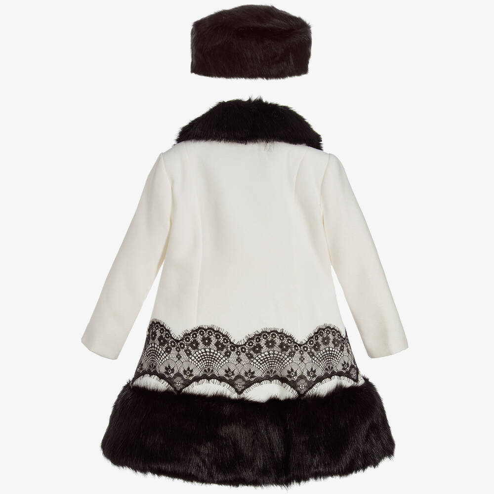 Romano Princess-Girls Ivory Coat & Faux Fur Hat Set | Childrensalon