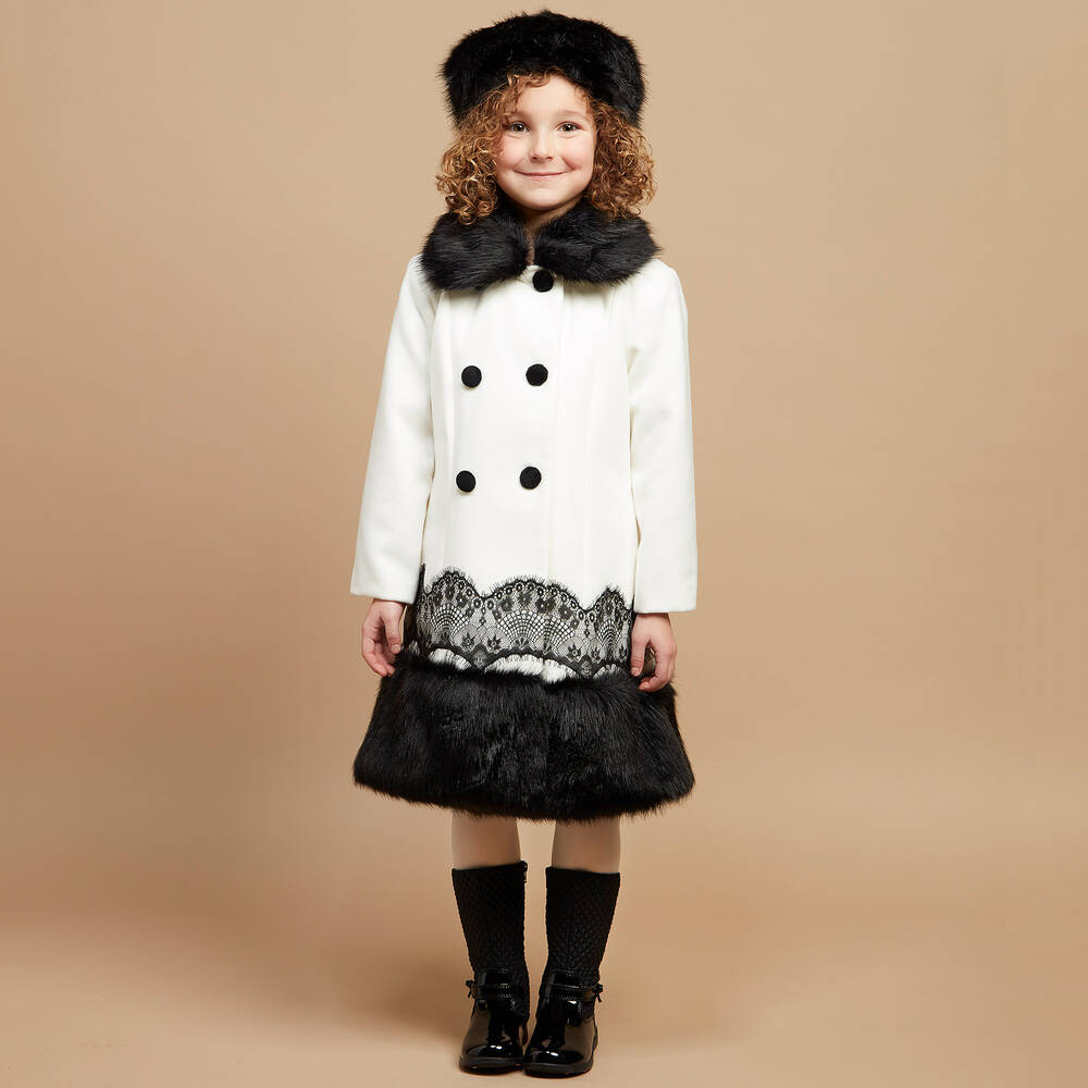 Romano Princess-Girls Ivory Coat & Faux Fur Hat Set | Childrensalon