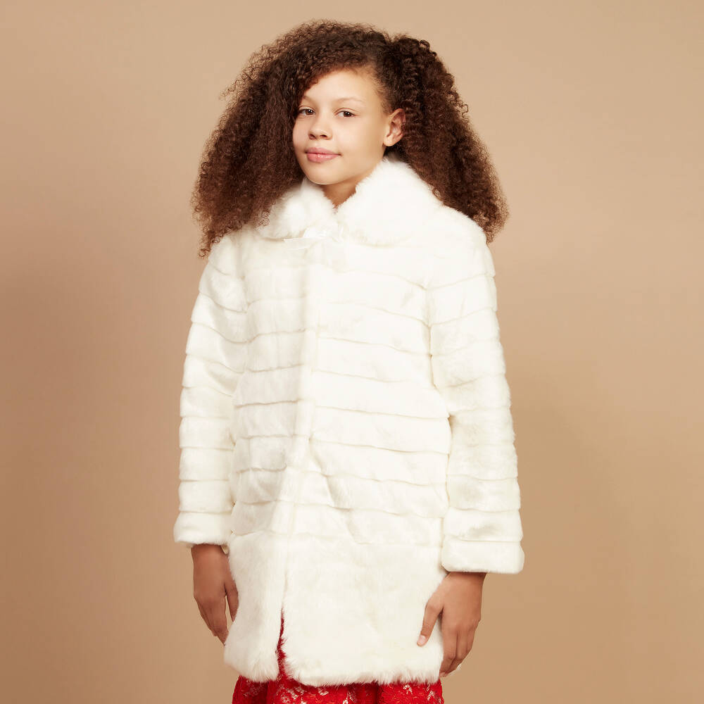 Romano Princess-Girls Ivory Faux Fur Coat & Hat Set | Childrensalon