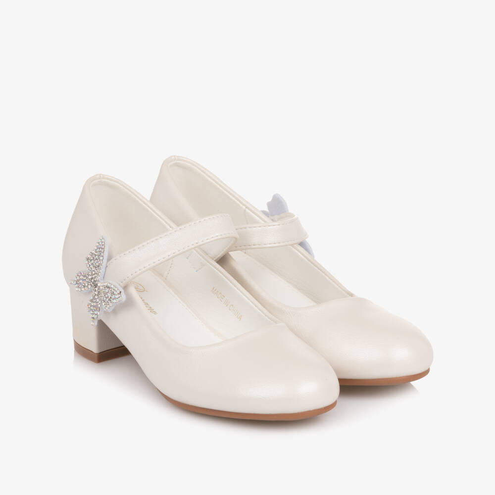 Roma e Toska-Girls Ivory Faux Leather Block Heel Bar Shoes | Childrensalon
