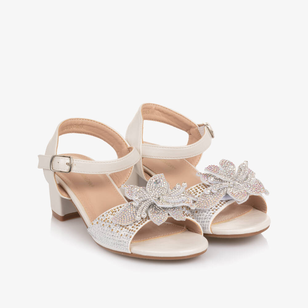 Romano-Girls Ivory Faux Leather Block Heel Sandals with Diamantés | Childrensalon