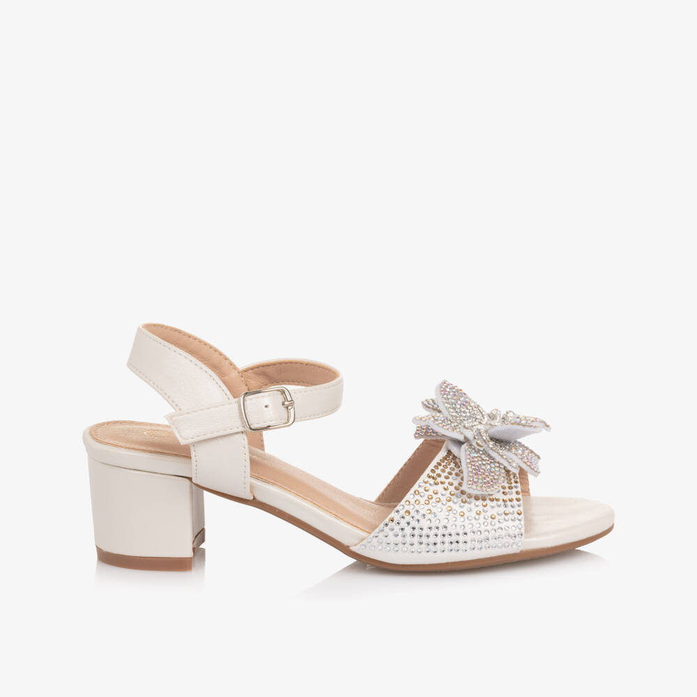 Romano-Girls Ivory Faux Leather Block Heel Sandals with Diamantés | Childrensalon