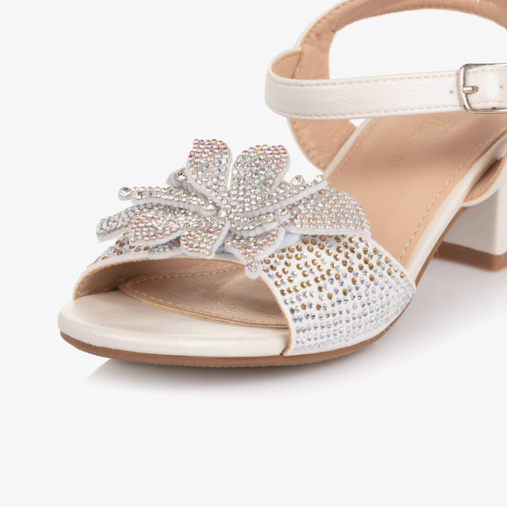 Romano-Girls Ivory Faux Leather Block Heel Sandals with Diamantés | Childrensalon