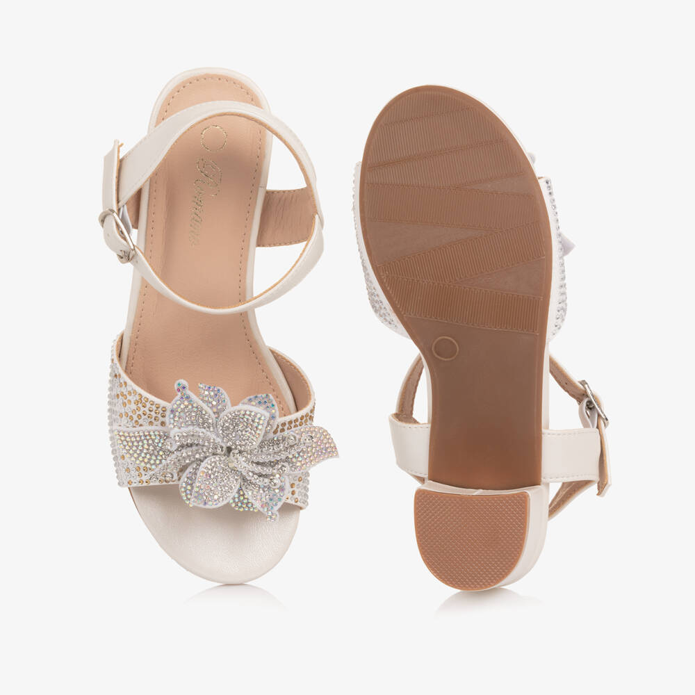 Romano-Girls Ivory Faux Leather Block Heel Sandals with Diamantés | Childrensalon