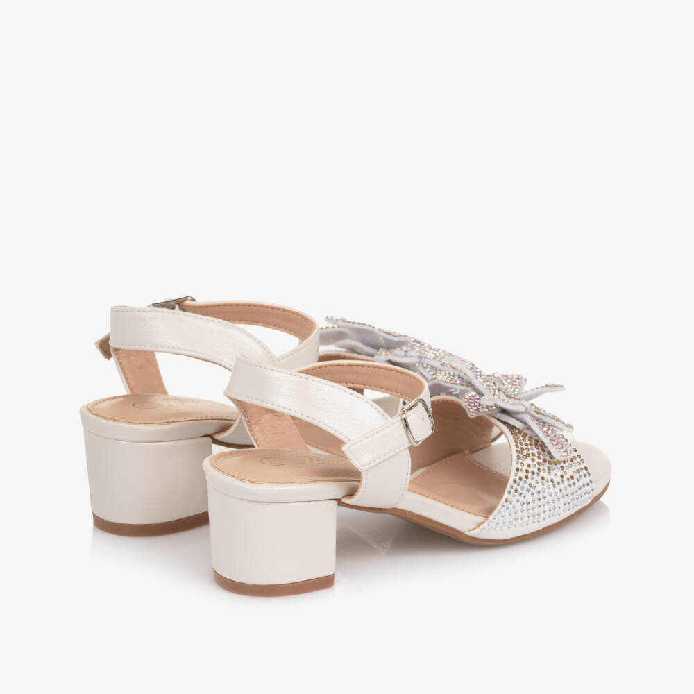 Romano-Girls Ivory Faux Leather Block Heel Sandals with Diamantés | Childrensalon