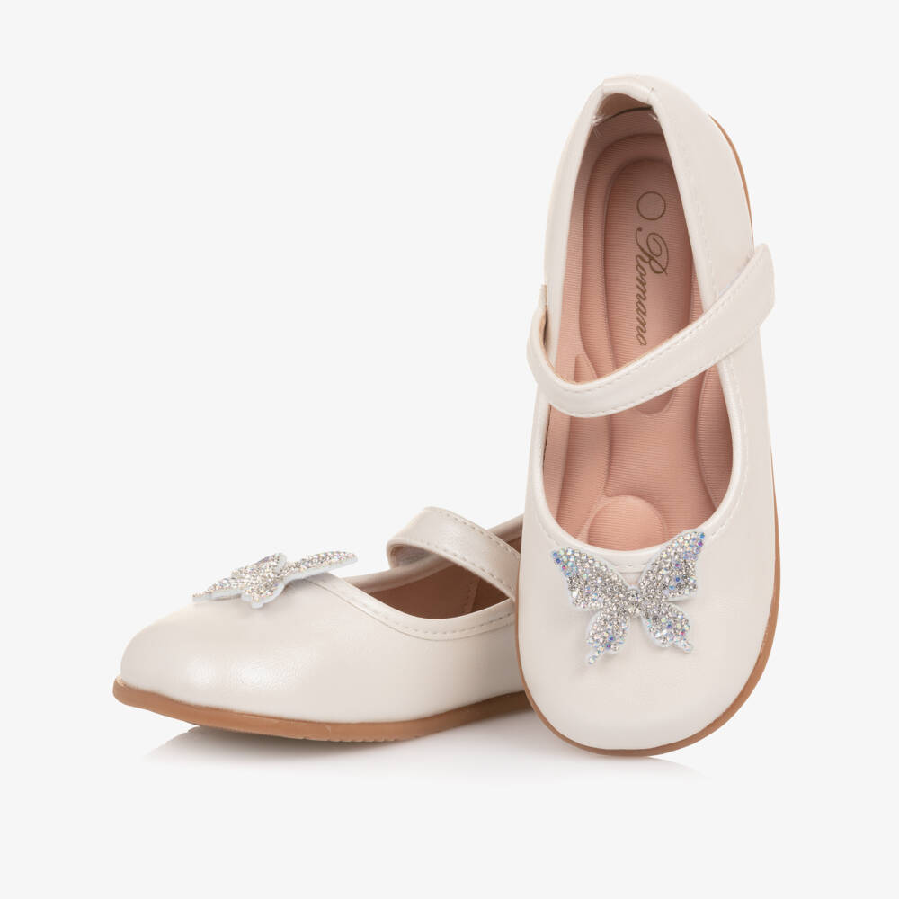 Roma e Toska-Girls Ivory Faux Leather & Diamanté Butterfly Bar Shoes | Childrensalon
