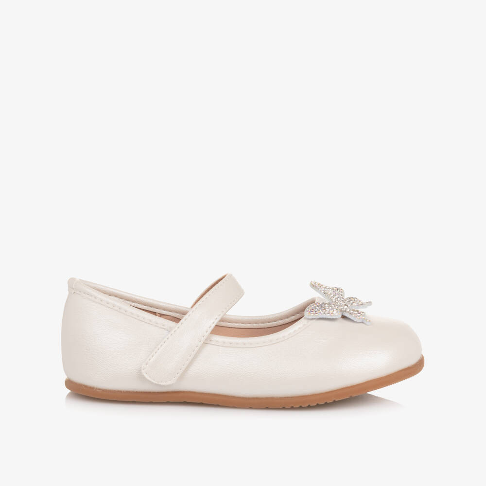 Roma e Toska-Girls Ivory Faux Leather & Diamanté Butterfly Bar Shoes | Childrensalon